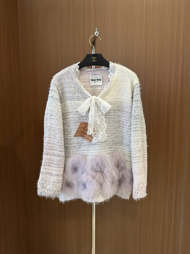 Miumi* Autumn New Arrival! Fox Fur Knitted Sweater with Lace Paneling and Ribbon