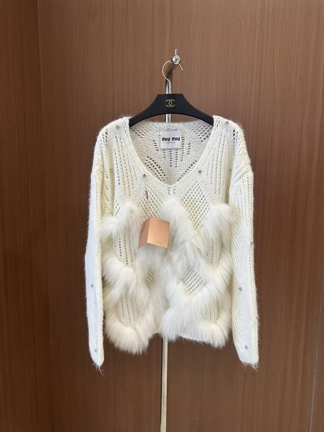 Miumi*Autumn New Arrival! Fox Fur Knitted Sweater Hollow Diamond Design Super Ge