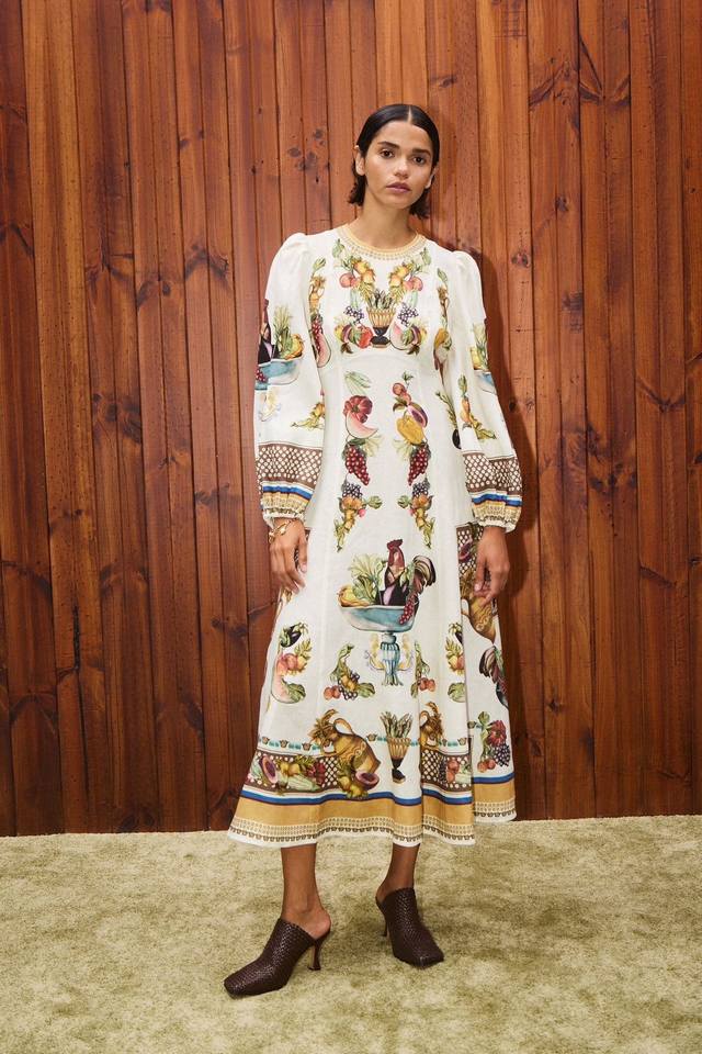 Reserve 6 8 10 12 Alem linen vintage fruit and vegetable long-sleeved dress DDD