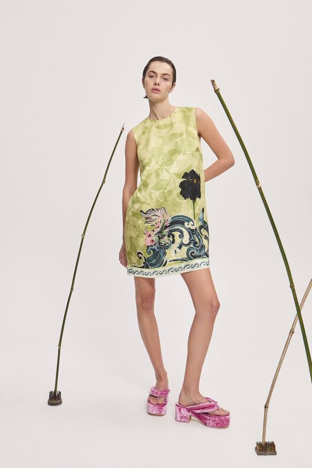 Reserve 6 8 10 12 Alem fruit green rayon jacquard vest dress DDD