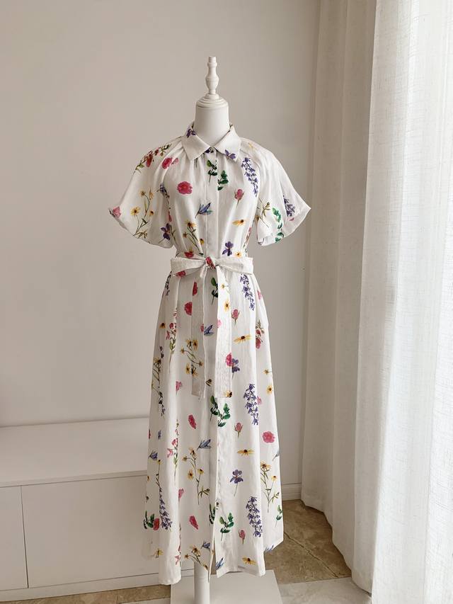 Hot item 6 8 10 12 Queensland Palm linen colorful floral shirt dress Puff sleeve