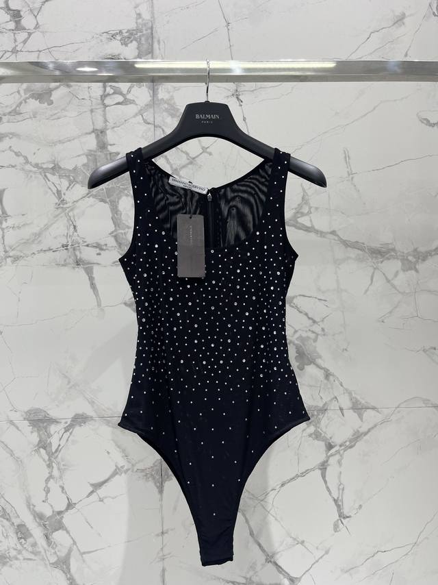 Es Large neckline mesh and full body hot rhinestone body-shaping jumpsuit Large