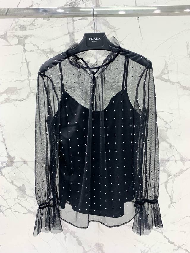 Prap's 2025 two-piece top High-temperature hot diamond mesh shirt Upper body ele