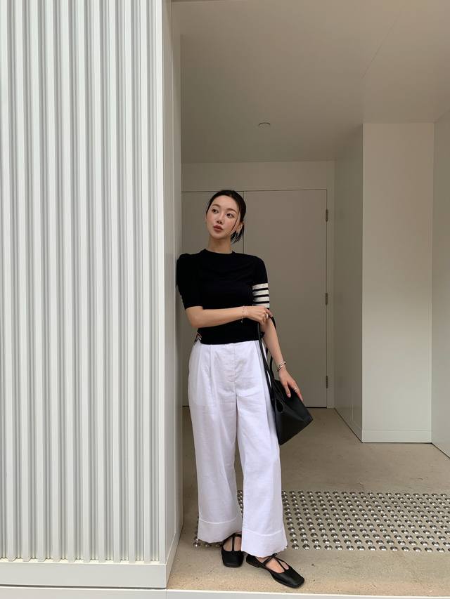 Thom Brow*E 25Ss Spring/Summer new white linen and cotton high-waisted trousers