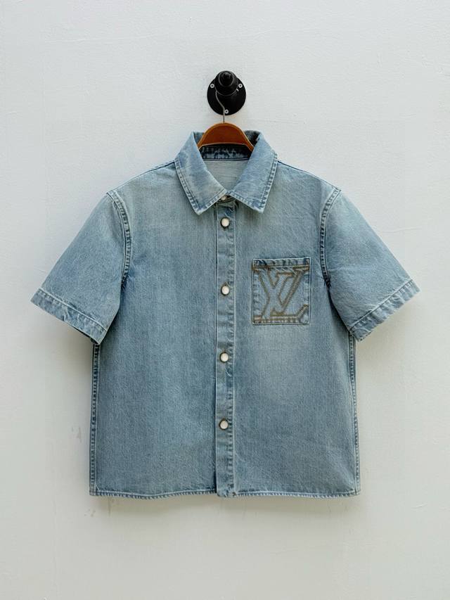 Donkey brand logo embroidered short-sleeved denim shirt, produced by OEM factory