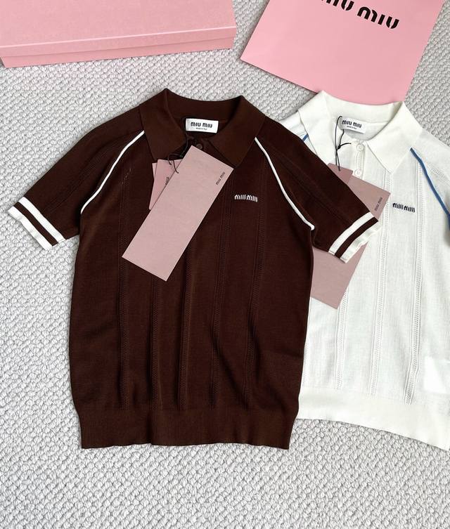 New arrival~ Miu brown and white raglan polo shirt Miu knitted contrasting holl