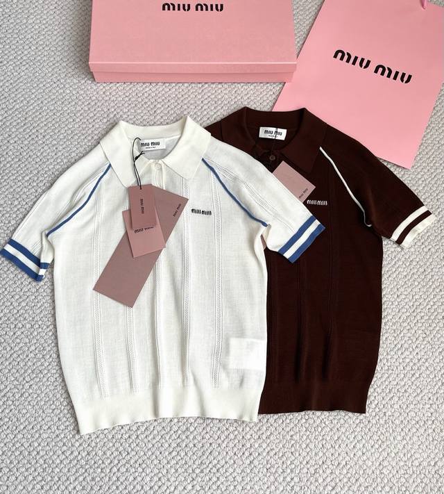 New arrival~ Miu blue and white raglan polo shirt Miu knitted contrasting hollo
