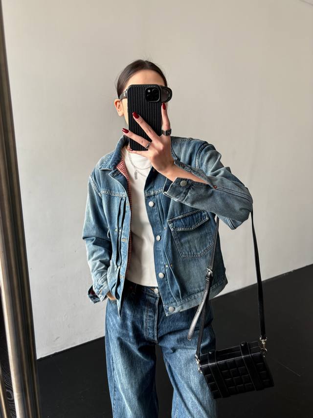 New 45R Double-sided wear soft texture stitching plaid lining denim jacket Sml