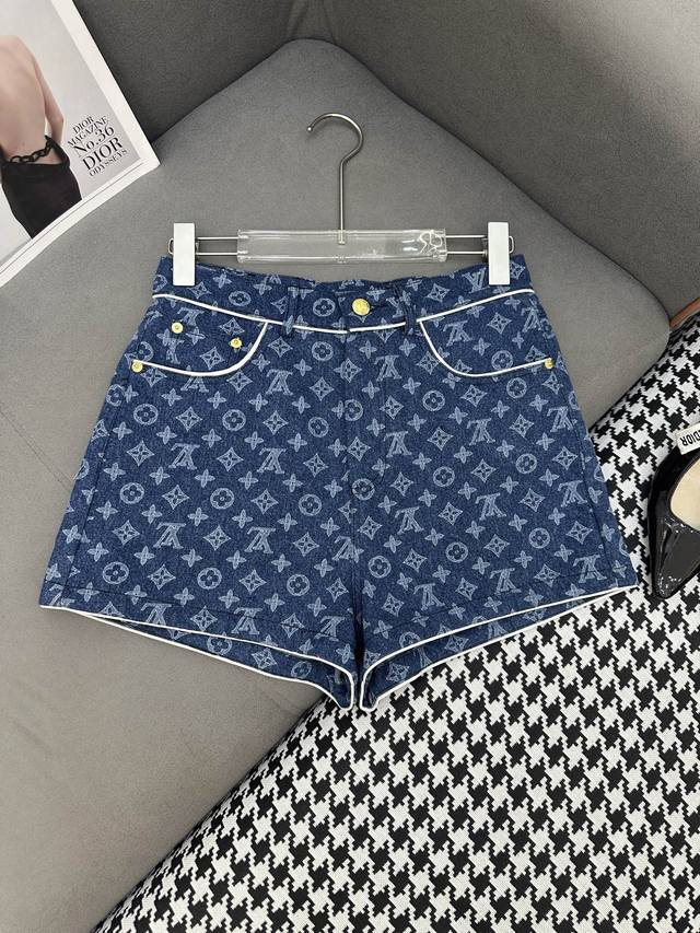 Louis Vuitto* 25Ss new shorts denim monogram jacquard decoration fashionable and