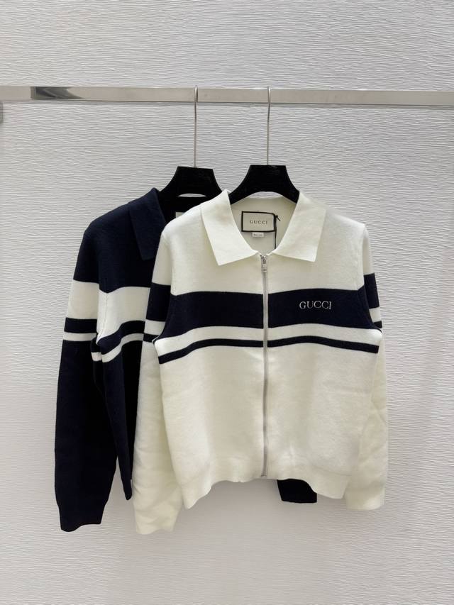 G's early autumn new striped lapel knitted long-sleeved cardigan Color: White Ro