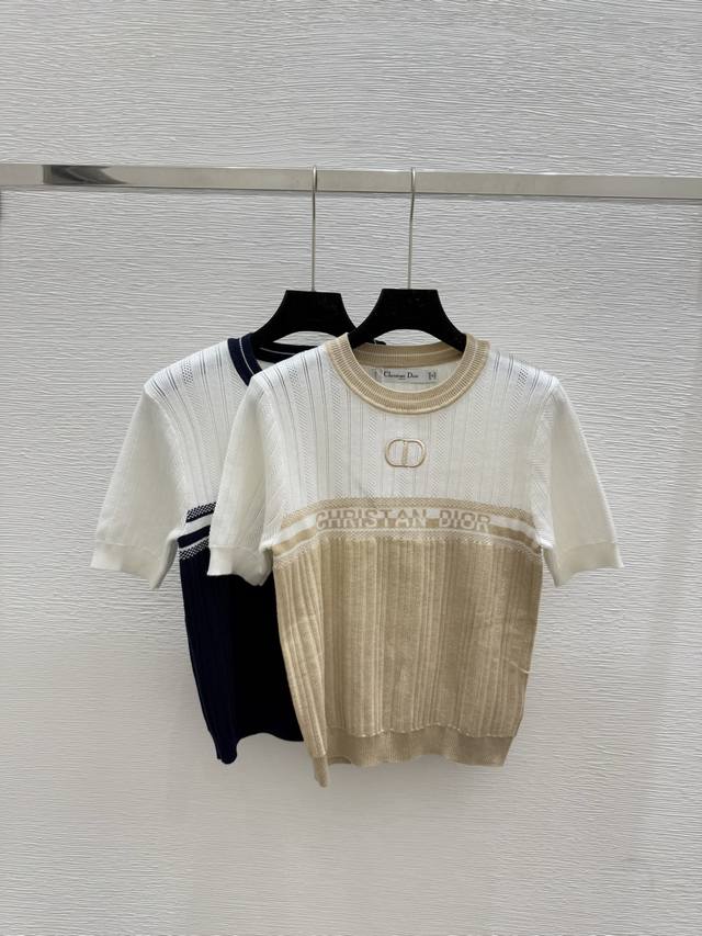 D' s new summer colorblock letter round neck knitted short sleeve Color: Khaki b