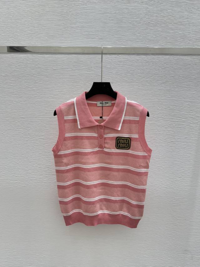 M's new summer contrast striped lapel knitted vest Color: Pink Size: 36.38.40 DD