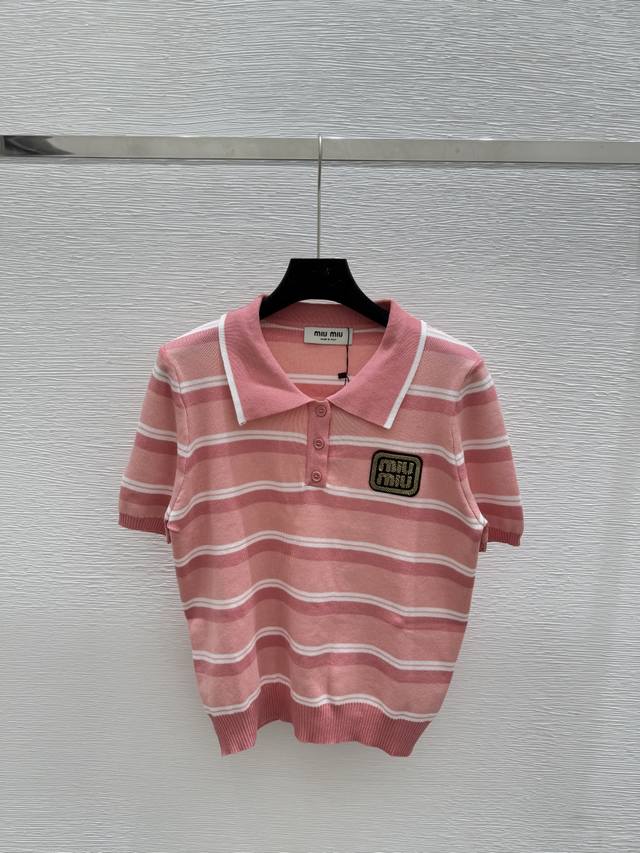 M's new summer contrast striped lapel knitted short sleeves Color: Pink Size: 36