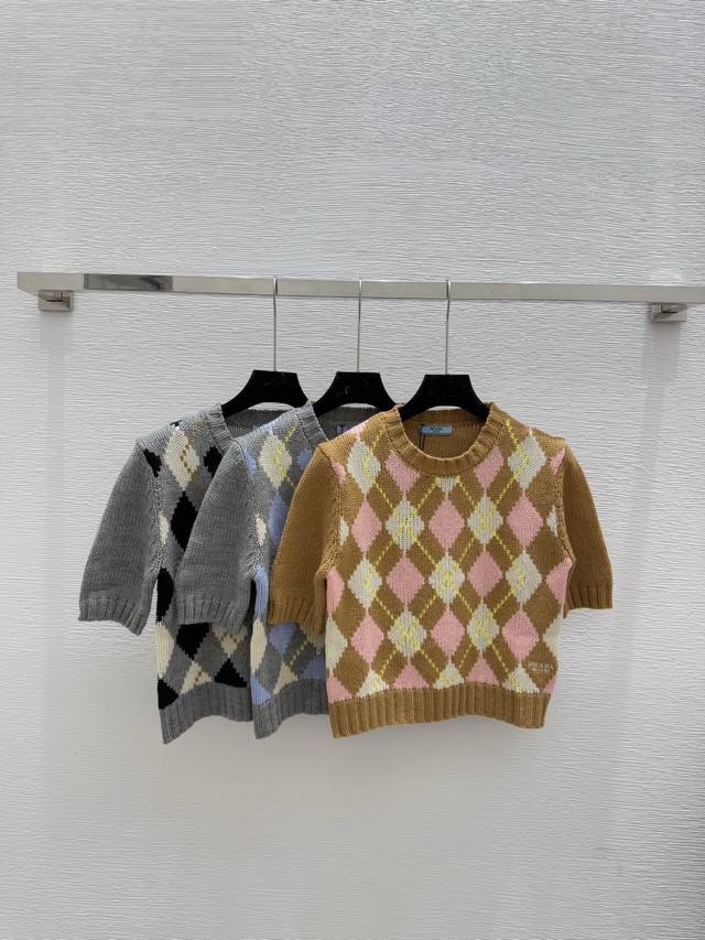 P's new summer plaid striped round neck knitted short sleeves Color: pink blue b