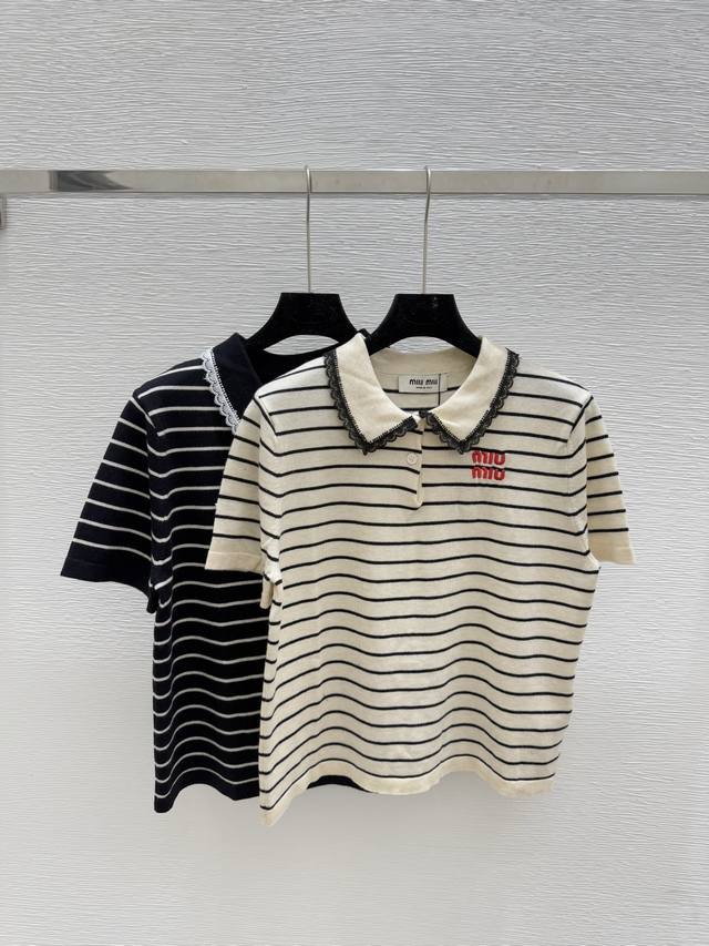 M's new summer striped lapel knitted short sleeves Color: apricot royal blue Siz