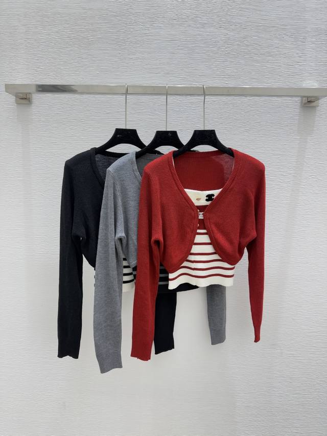 Ch's early autumn new striped suspenders knitted two-piece suit Color: red, gray