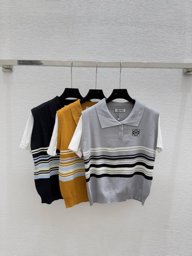 Lo's new summer striped lapel knitted short sleeves Color: gray, yellow, black S