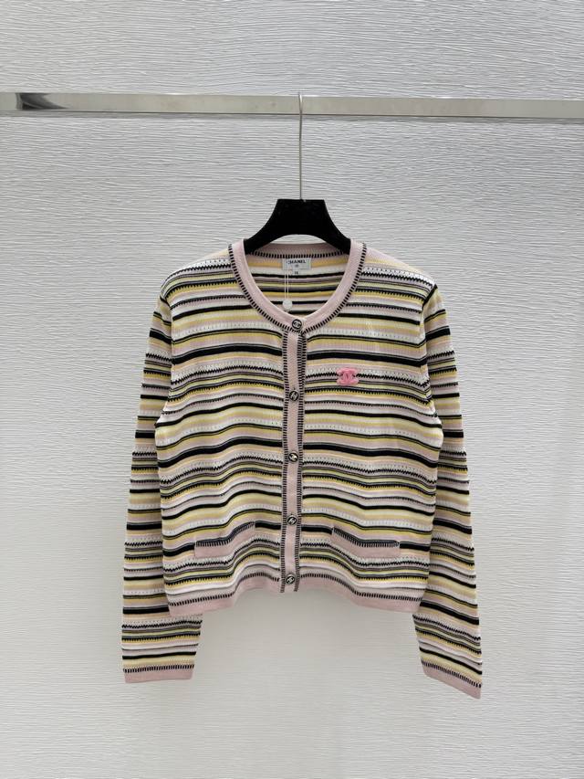 Ch's early autumn new contrast striped round neck knitted long-sleeved cardigan