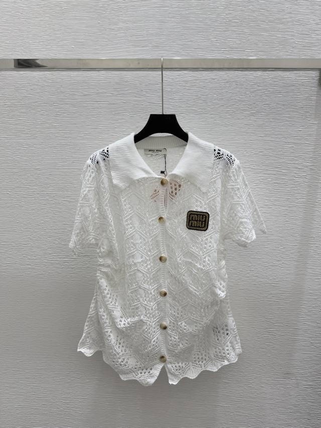 M's new summer hollow lapel waist knitted short-sleeved cardigan Color: White Si