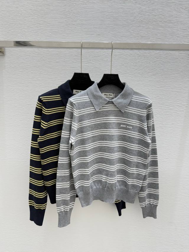 M's early autumn new contrast striped lapel knitted long-sleeved cardigan Color: