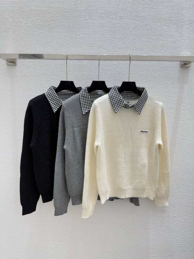 M's early autumn new plaid striped lapel knitted long sleeve Color: apricot gray