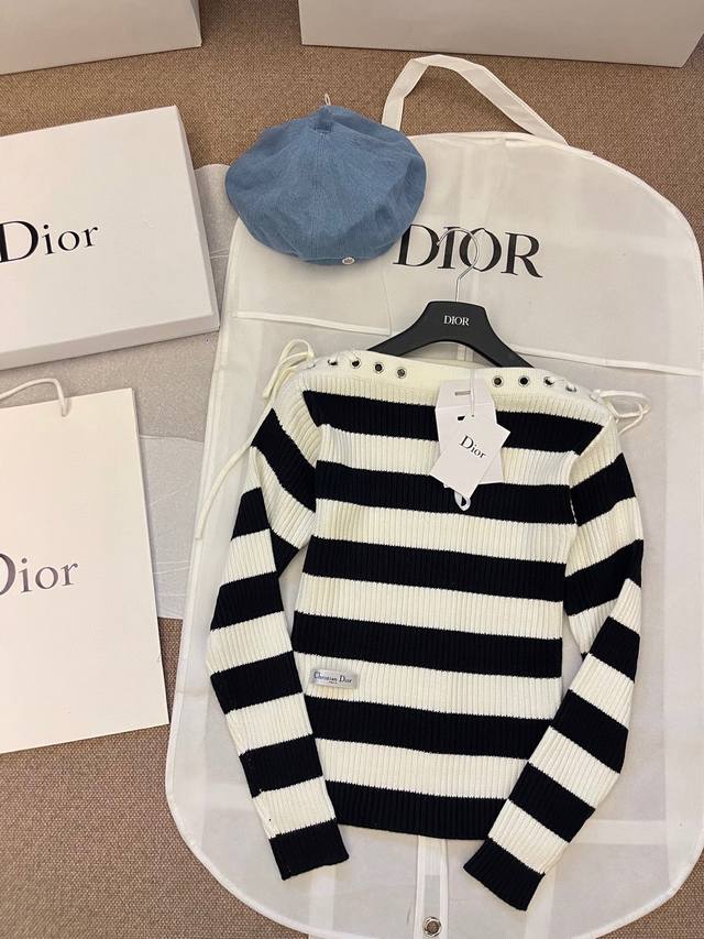 Dio' 25Ss Early Spring New Arrivals Contrast Striped Off-Shoulder Drawstring Swe