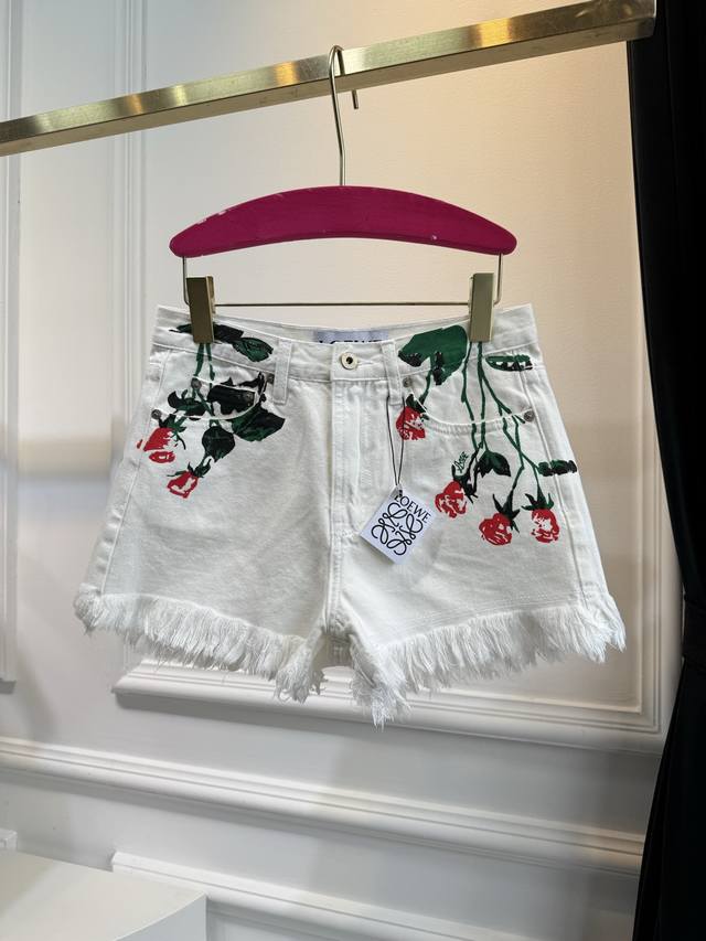 Loew*25 Summer Paula's Resort Series Rose Print White Denim Shorts Loewe's popul
