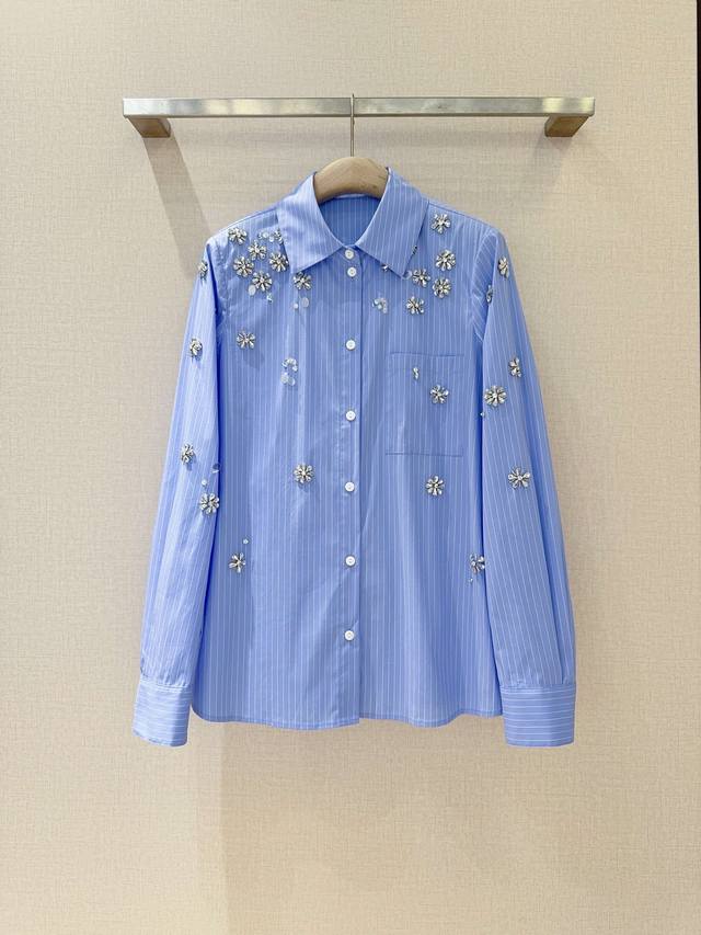 Cinqasept New Recommendation Blue Striped Beaded Floral Cotton Shirt. Made of li