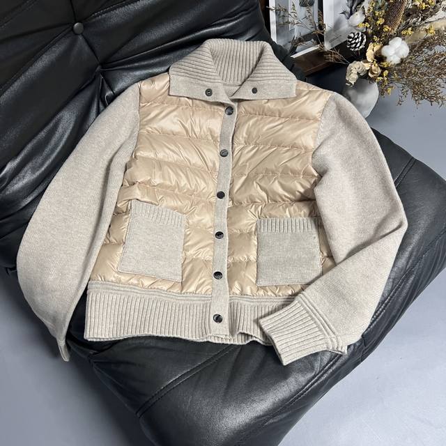 25 New autumn and winter cashmere stitching down jacket Beige gray camel color,