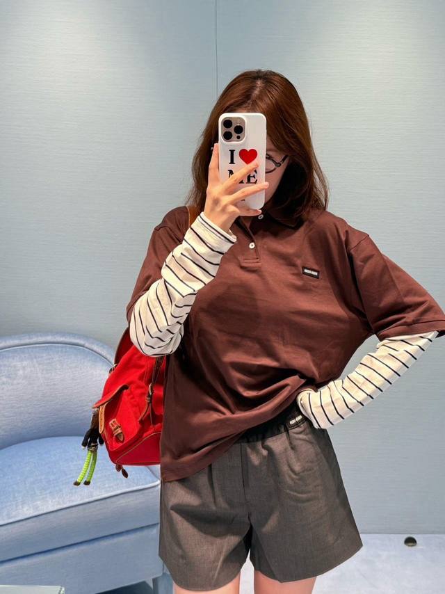 Miu25 early autumn new style college style Polo collar striped fake two-piece T-