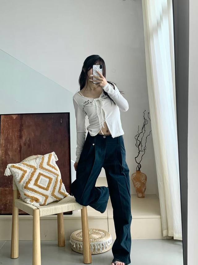 25 New navy blue straight casual pants high waist slim American retro wide leg p