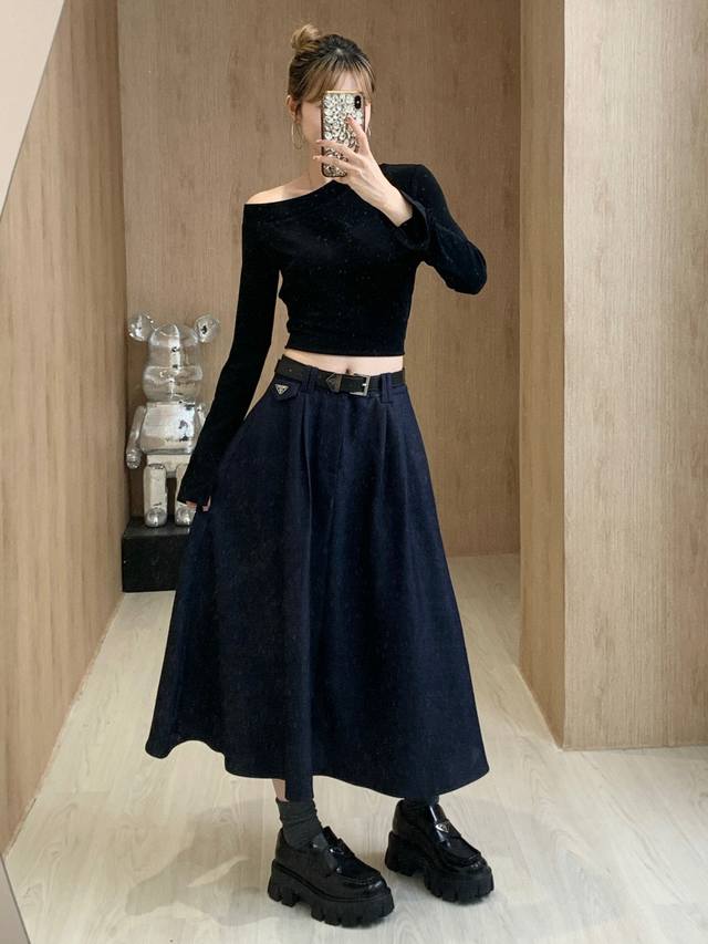 2025 New denim skirt with custom belt Contrast quality customization High-qualit