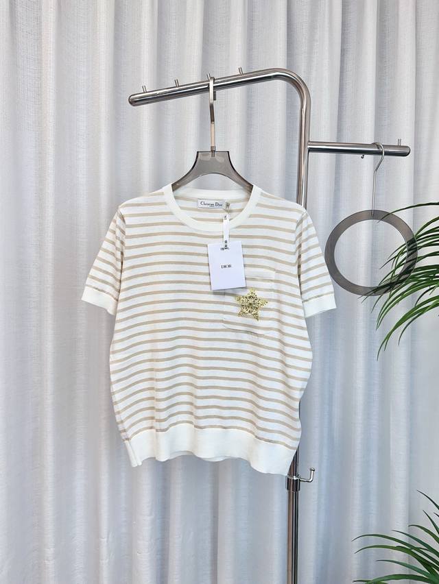 Di*R new printed five-star ribbon cotton and linen striped short-sleeved top. Cu