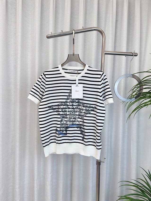 Di*R new printed five-star ribbon cotton and linen striped short-sleeved top. Cu