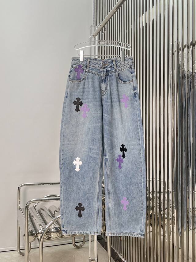 Actual photos of the latest Ch 25New leather cross washed distressed jeans Size
