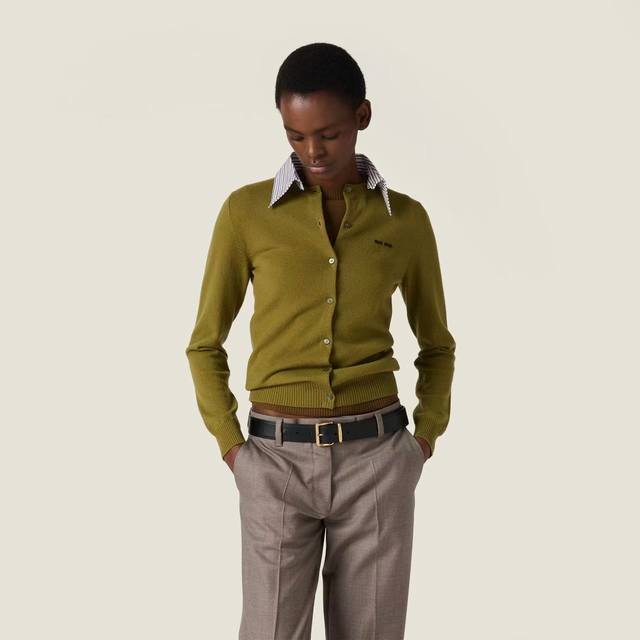 New Latest Miu 25New Detachable Striped Shirt Collar Cashmere Cardigan Color: G