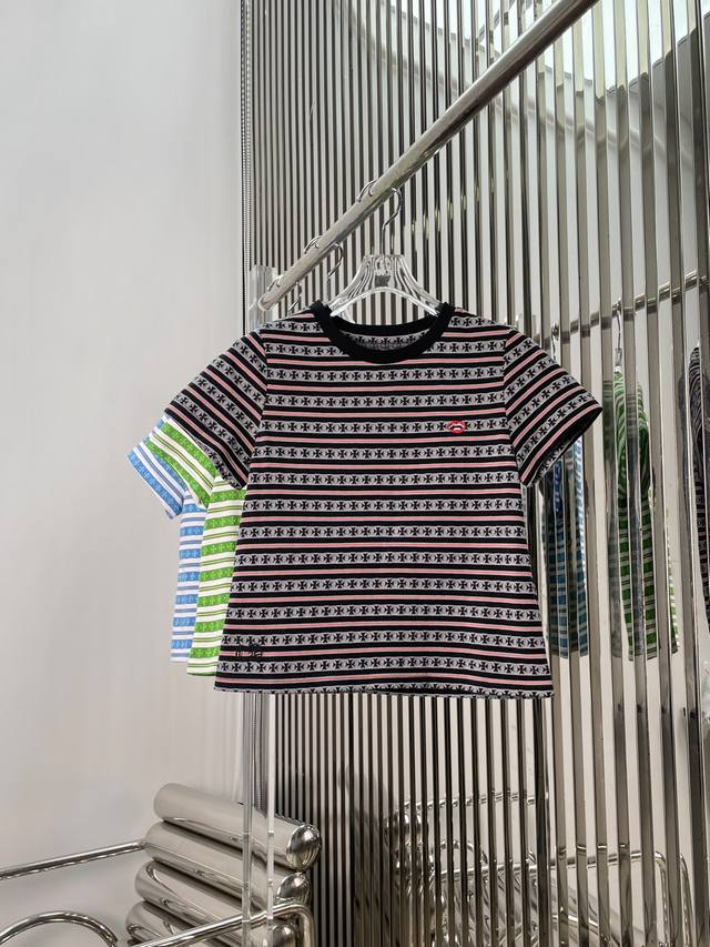 Real photos latest Ch 25New Crotch jacquard striped short-sleeved T-shirt Color: