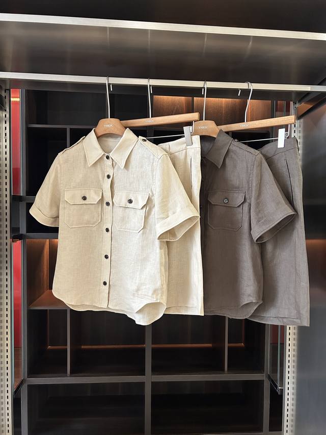 LP same style linen short-sleeved shirt and shorts suit Size: SML Color: Apricot