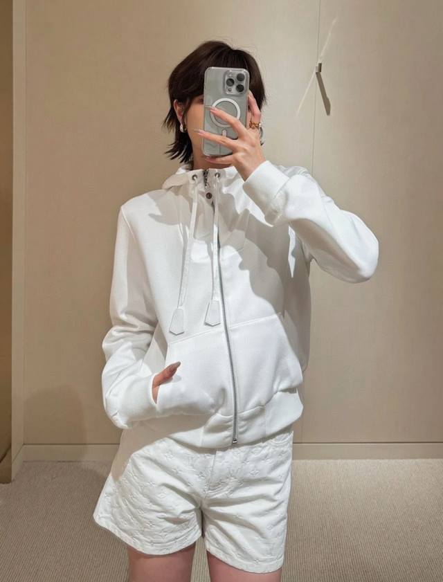 Top and pants Lv sleeve arm leather patch Hooded zipper jacket drawstring leath