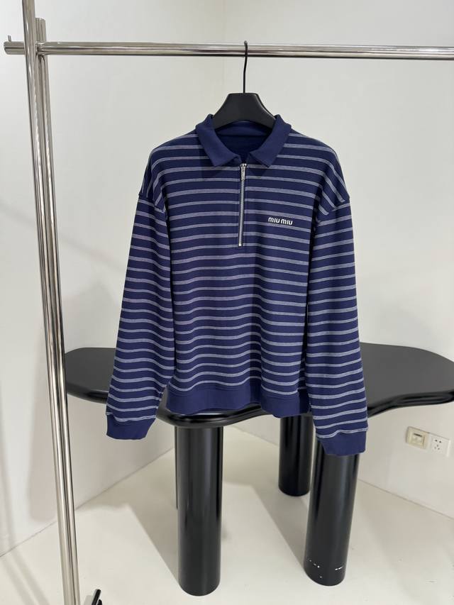 25 New cotton striped long-sleeved polo shirt Navy blue cotton jersey Embroidere
