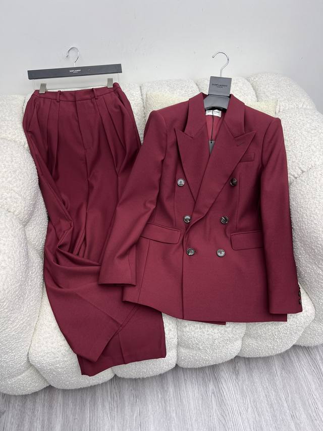 Saint Lauren* Burgundy suit 25 show style star same style Double-breasted six-bu