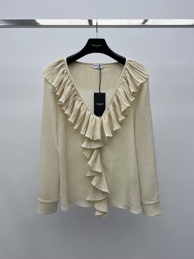 Saint Lauren*Ruffled shirtTemperament V-neck design with pleated ruffle detailsT