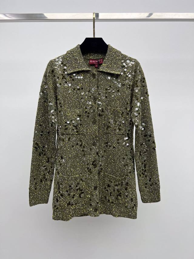Gucc*Sequin Embroidered Knit CardiganThis tweed cardigan is embellished with seq