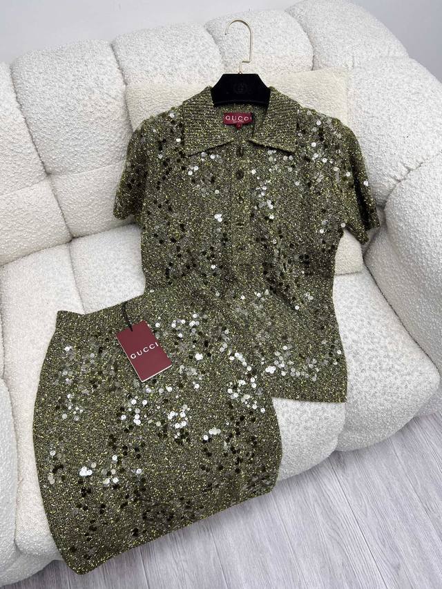 Gucc*Sequin Embroidered Tweed Knit SuitThis wool tweed knitted polo suit is embe