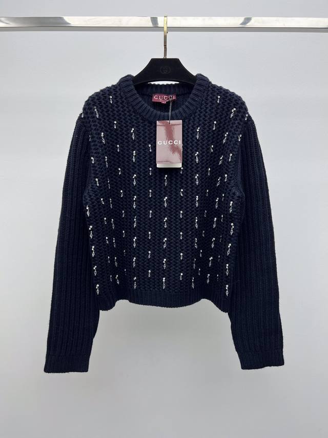 Gucc*Crystal Water Drop Embroidered SweaterThis crew neck sweater is crafted fro