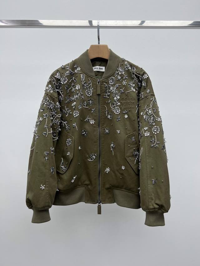 Miumi*Heavy Embroidery Padded Jacket This padded bomber jacket is made from gaba