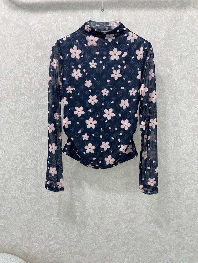 Louis Vuitt*N25 new mesh base shirt ~ All-over monogram cherry blossom print. Th