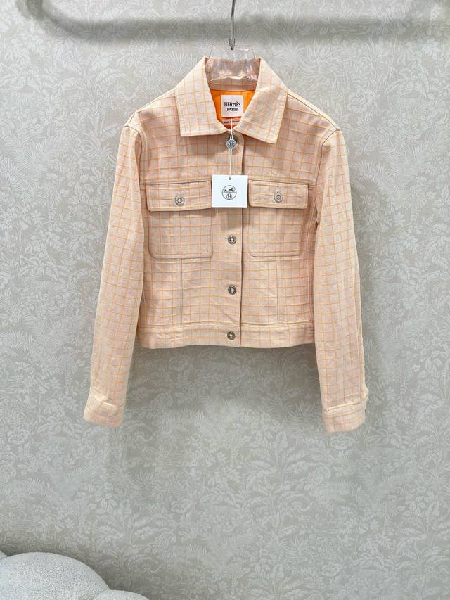Herme*25 Orange pink positioning plaid lapel denim jacket, customized Yb twill c