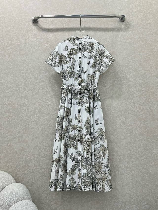 Dio* 25 new hazelnut color Palms Jouy print pattern stand collar short sleeve dr