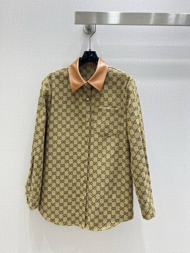 Highly recommend Gu* 2025 new classic jacquard patchwork leather collar shirt j
